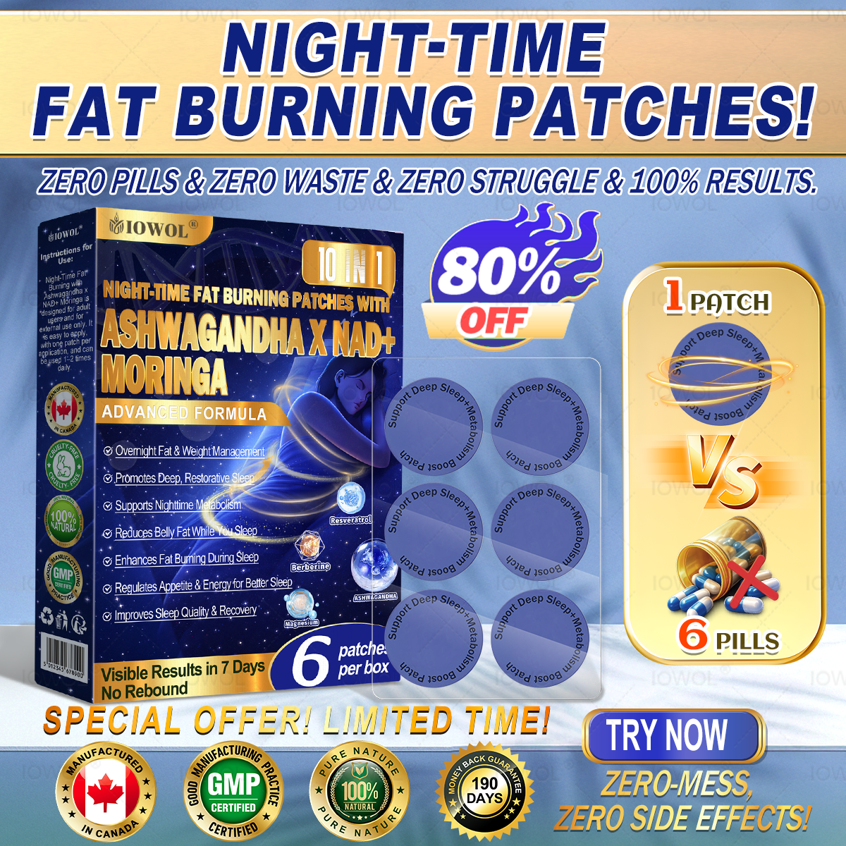 CA IOWOL ® NIGHT-TIME FAT BURNING PATCHES! ZERO PILLS & ZERO WASTE & ZERO STRUGGLE & 50% RESULTS.